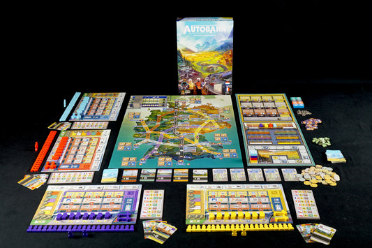 Jeu de plateau Autobahn VF/NL de Geek'nGreed, jeu de stratégie pour développement avec illustration détaillée sur la boîte.