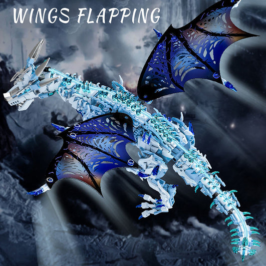 Blocs de construction Dragon de glace premium avec boîte, moteur et alimentation, assemblés pour créer un modèle détaillé.