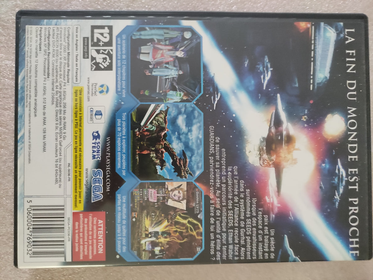 Jeu PC Phantasy Star Universe de SEGA, version française, boîte avec illustration colorée sur fond blanc.