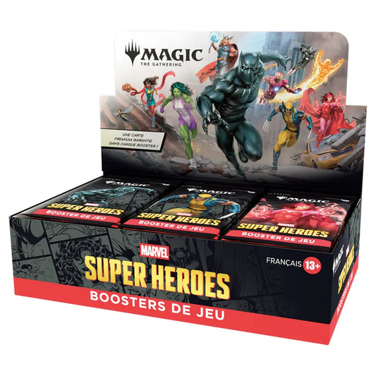 Boîte de booster de jeu de cartes Magic: The Gathering x Marvel Super Héros de Wizards of the Coast, vue de face.