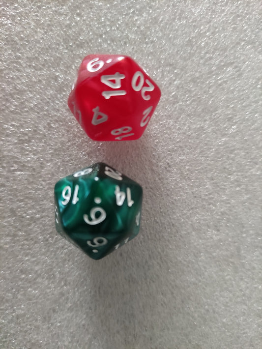 Dés compteurs de vie D20 Geek'nGreed pour jeux TCG, Magic et RPG, lot de 2, avec chiffres lisibles sur chaque dé.