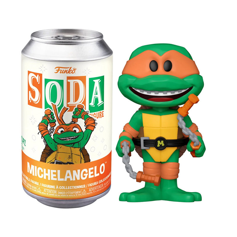Figurine Funko Soda Michelangelo TMNT en vinyle, personnage Tortues Ninja avec détails colorés et pose dynamique.