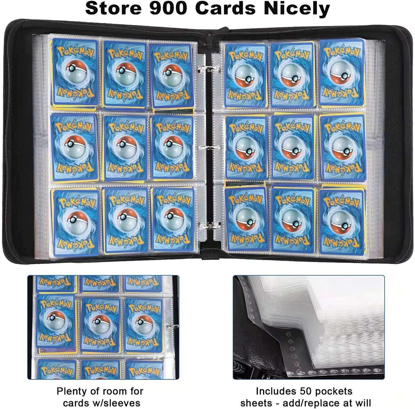 Classeur Premium pour Cartes Pokémon / TCG – 900 Poches – Fermeture Zippée – Protection Haute Qualité – Rouge, Noir ou Bleu