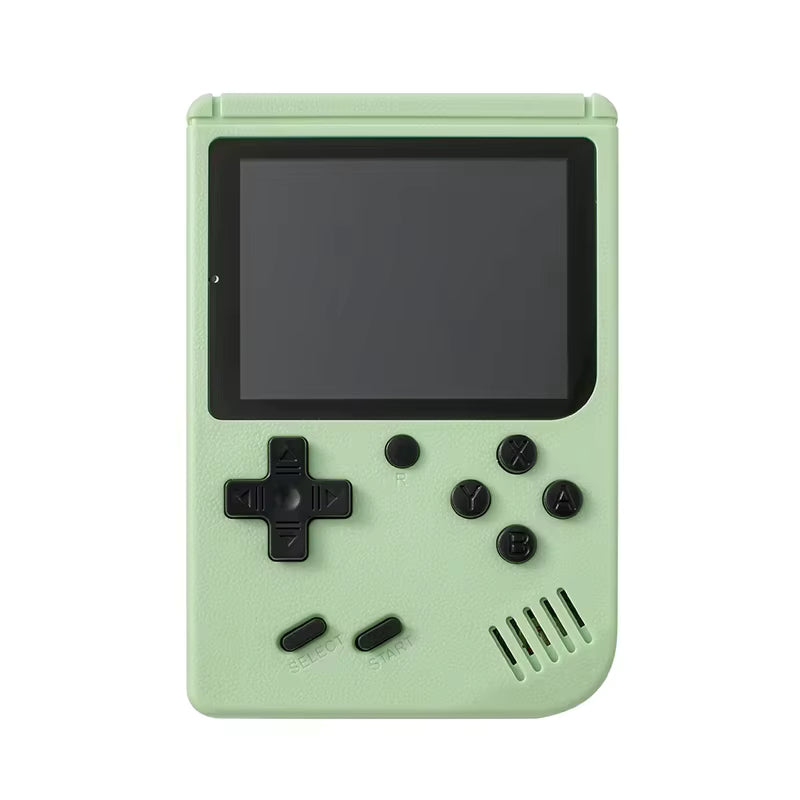 Console rétro portable de marque générique avec écran couleur, affichant des jeux rétro intégrés pour enfants et adultes.