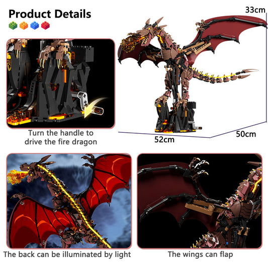 Modèle de dragon de feu infernal en blocs de construction, 1600+ pièces, collection fantasy, avec boîte et moteur.