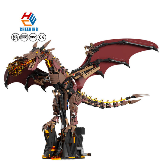 Modèle de dragon de feu infernal en blocs de construction, 1600+ pièces, avec boîte et moteur, collection fantasy premium.