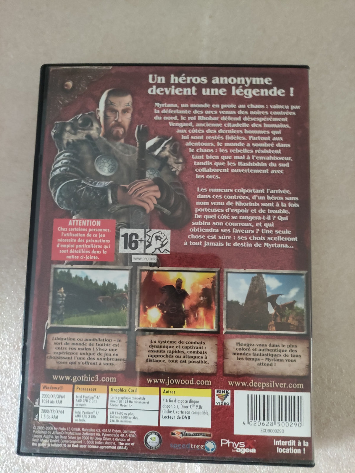 Jeu PC Gothic 3 de Piranha Bytes, édition française, version complète avec manuel, affiché sur fond neutre.