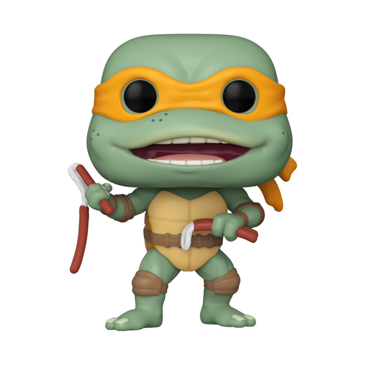 Figurine Funko Pop Michelangelo des Tortues Ninja avec nunchakus et saucisse, détail coloré et pose dynamique.