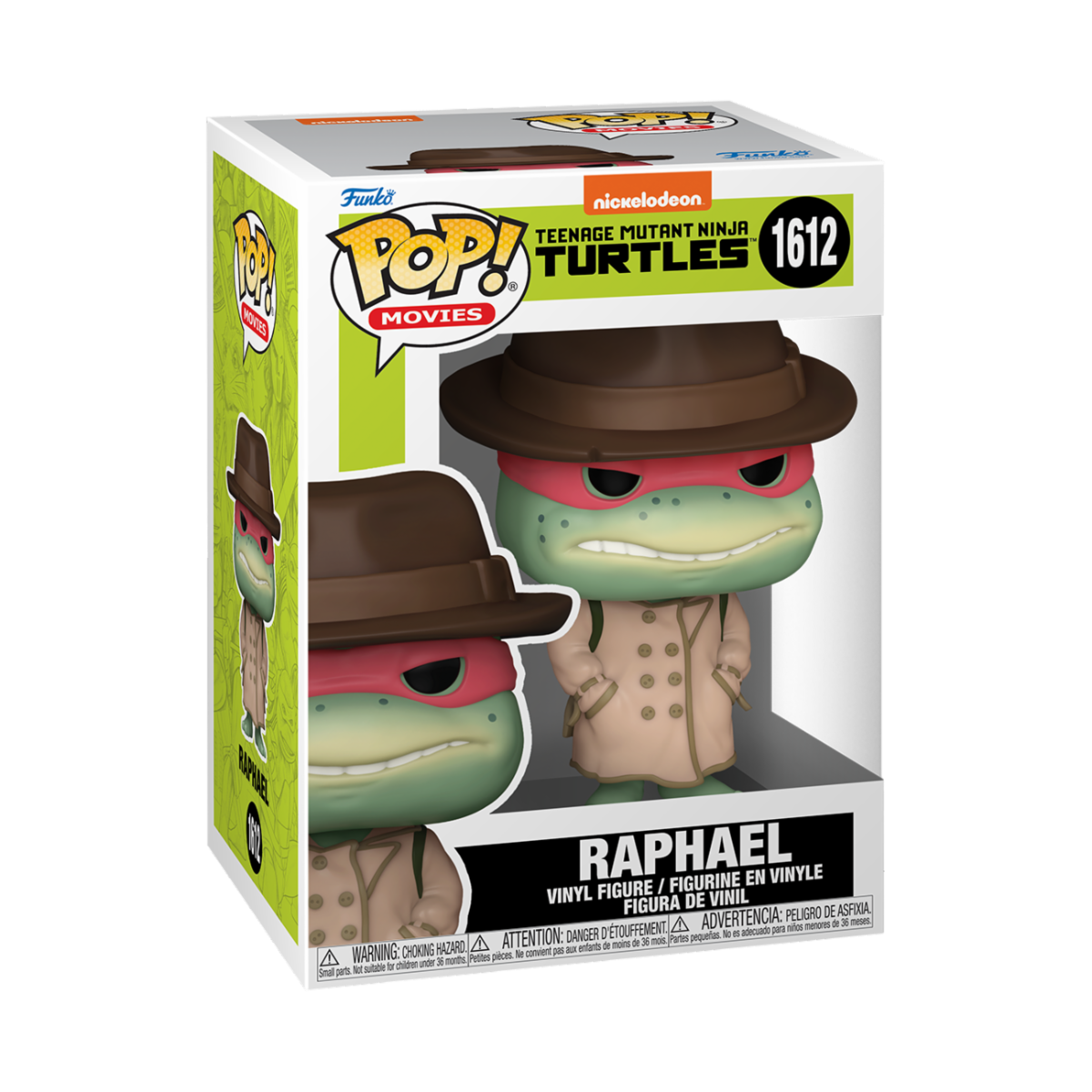 Figurine Funko Pop Raphael #1612 des Tortues Ninja avec manteau et chapeau, représentant le personnage dans sa tenue.