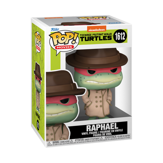 Figurine Funko Pop Raphael #1612 des Tortues Ninja avec manteau et chapeau, représentant le personnage dans sa tenue.