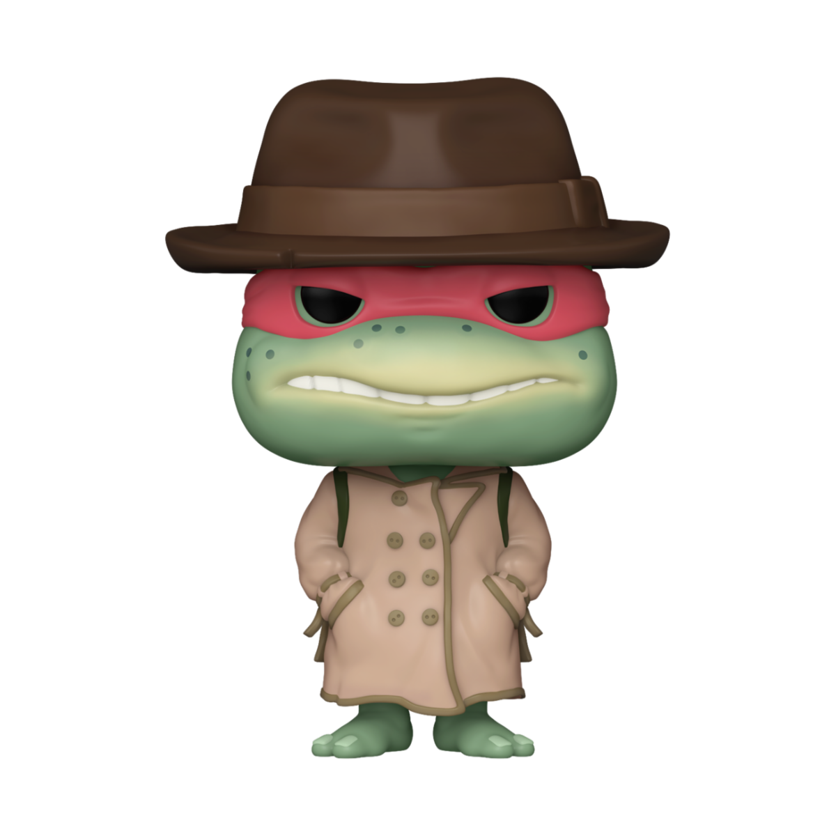 Figurine Funko Pop Raphael TMNT #1612 de Geek'nGreed avec manteau et chapeau, figurine de Tortues Ninja, vue de face.