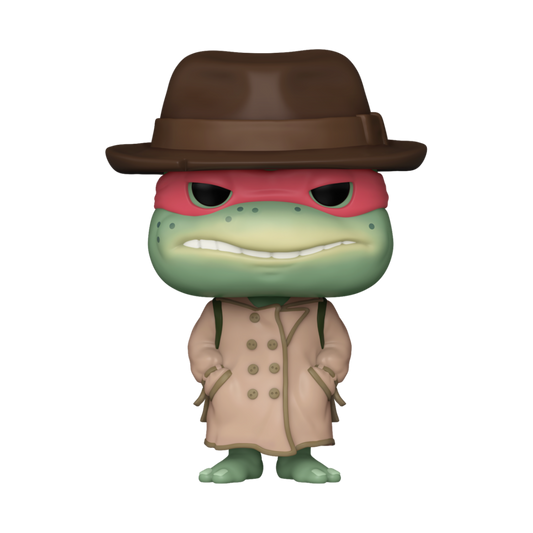 Figurine Funko Pop Raphael TMNT #1612 de Geek'nGreed avec manteau et chapeau, figurine de Tortues Ninja, vue de face.