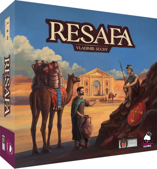 Jeu de plateau Resafa VF d'Intrafin, illustration de la face avant du jeu avec ses éléments de jeu colorés et détaillés.