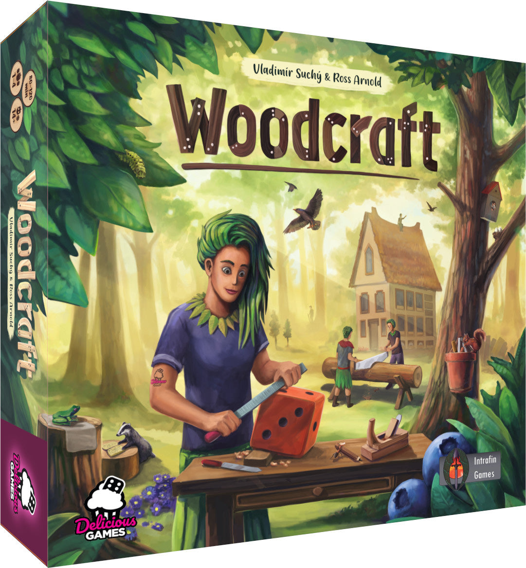 Jeu de plateau Woodcraft VF par Intrafin, jeu stratégique avec plateau en bois et pièces colorées pour jouer.