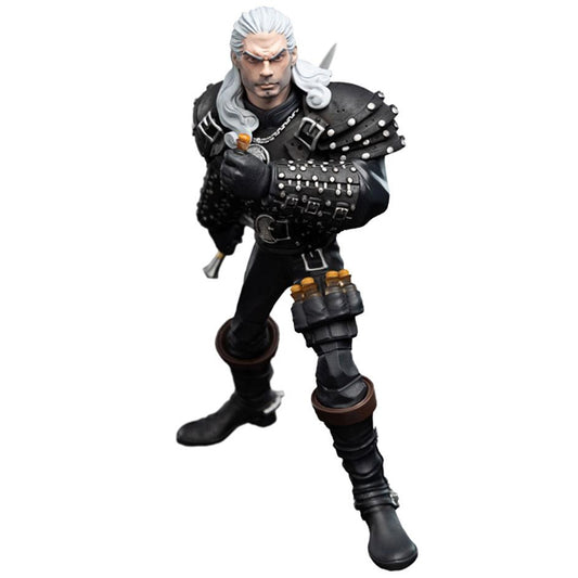 Figurine miniature de Geralt de Rivia, 16 cm, Weta Workshop, dans la collection Mini Epics The Witcher, pose détaillée et réaliste.