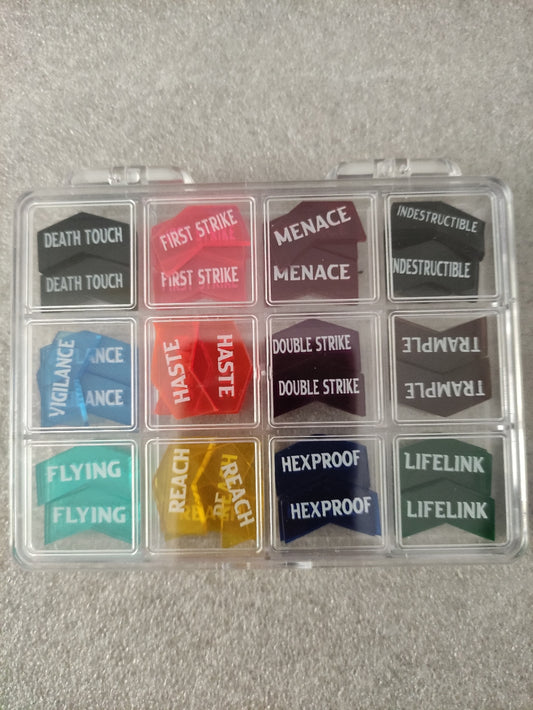 Set de 60 marqueurs pour jeux de cartes Magic: The Gathering, tokens avec capacités comme Vol, Hâte, Lien de vie, par Geek'nGreed.