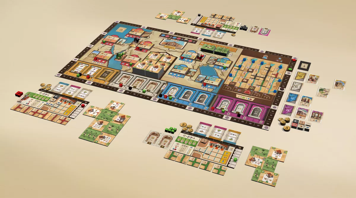 Plateau du jeu de société Resafa VF d'Intrafin avec cartes et pions colorés, vue de dessus.